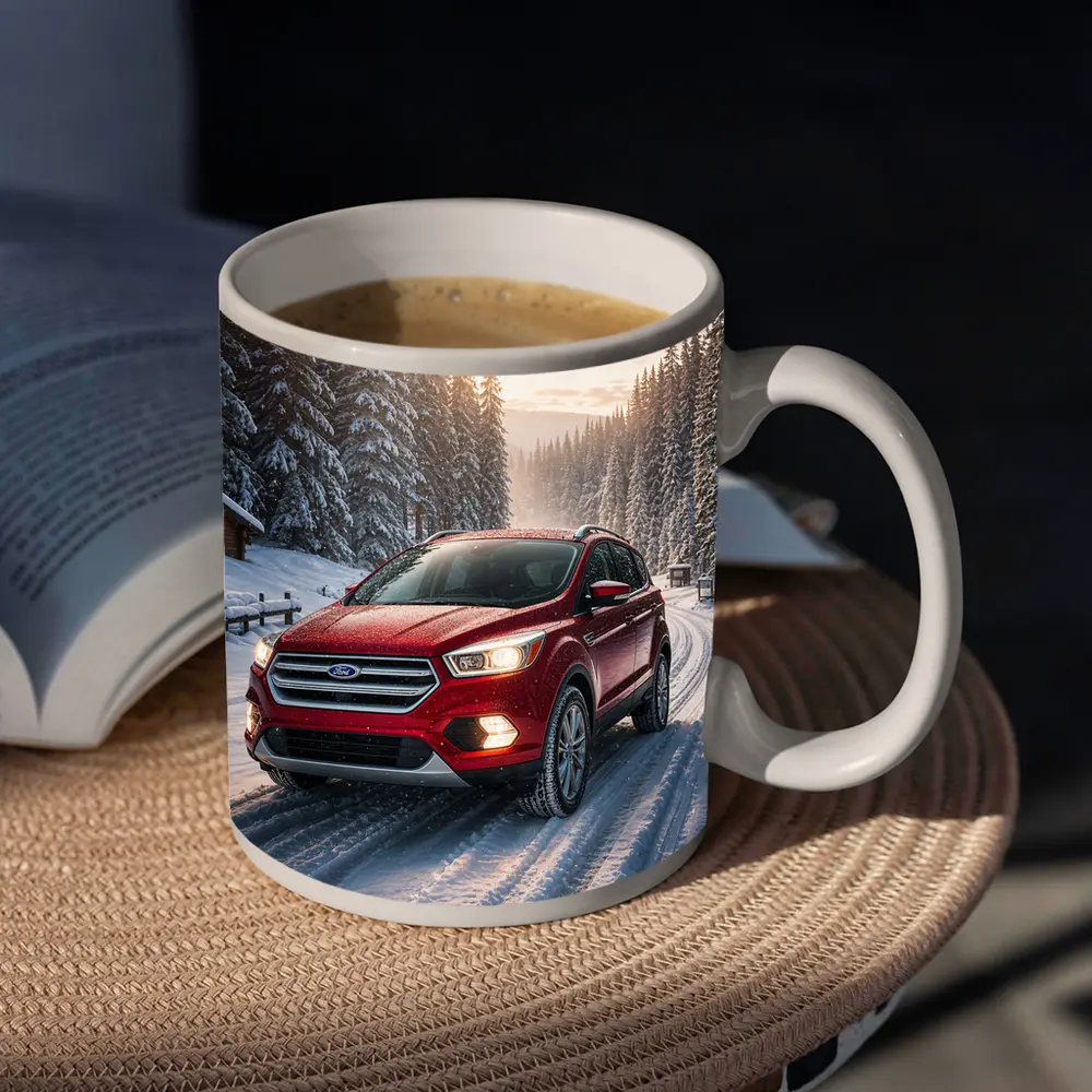 Ford Escape SUV on Snowy Winter Road – Mugs