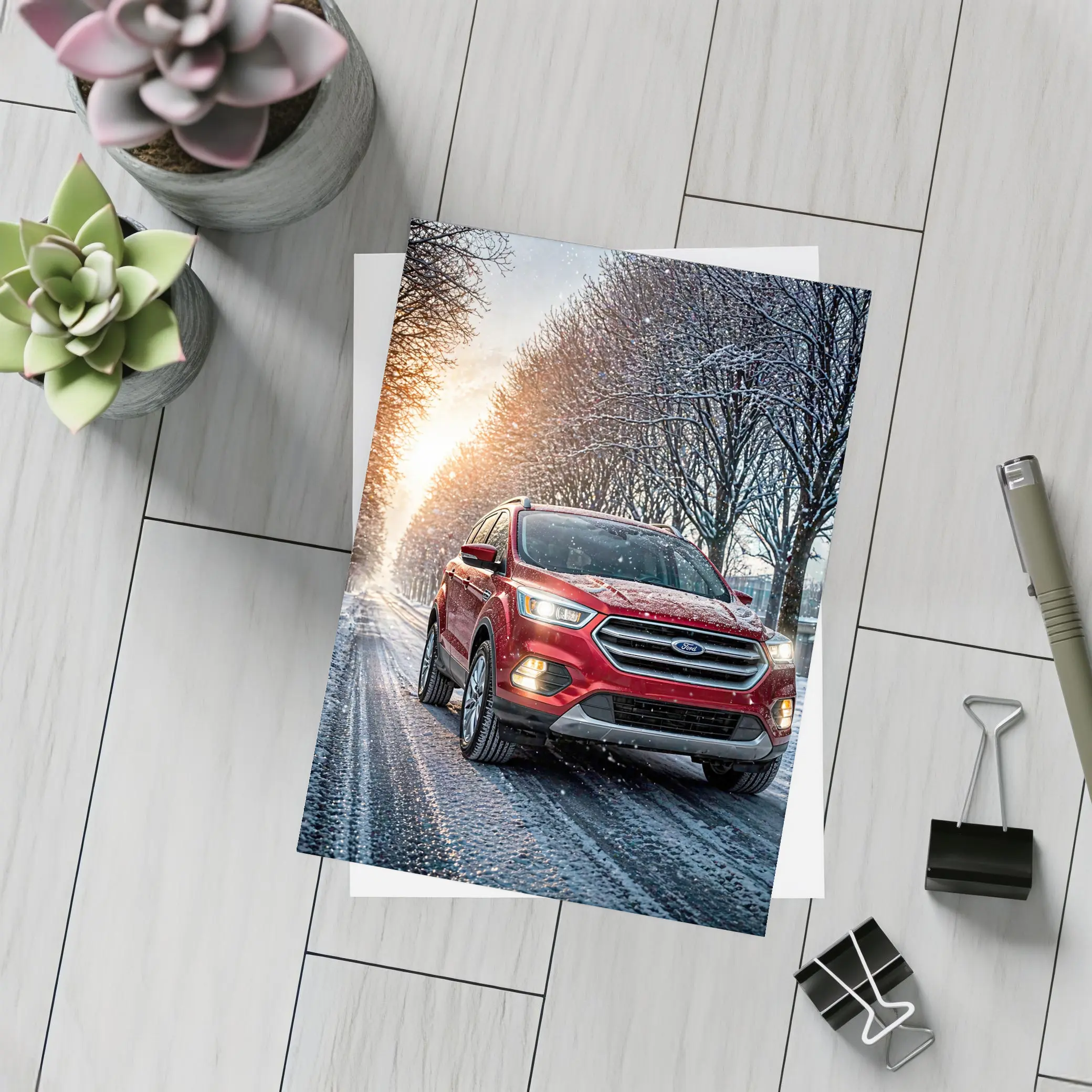 Ford Escape Red SUV Winter Snow Street – Postcards