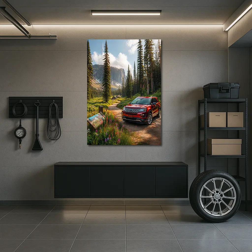 Ford Explorer Red SUV Mountain Forest Trail – Wall Art
