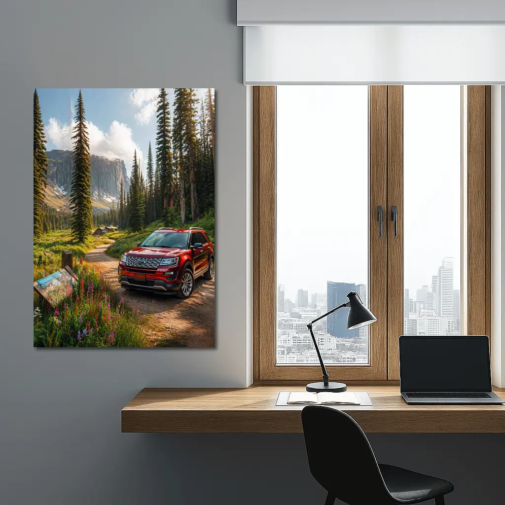 Ford Explorer Red SUV Mountain Forest Trail – Wall Art