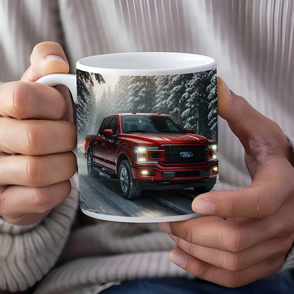 Ford F Series Truck Driving Snowy Forest – Mugs