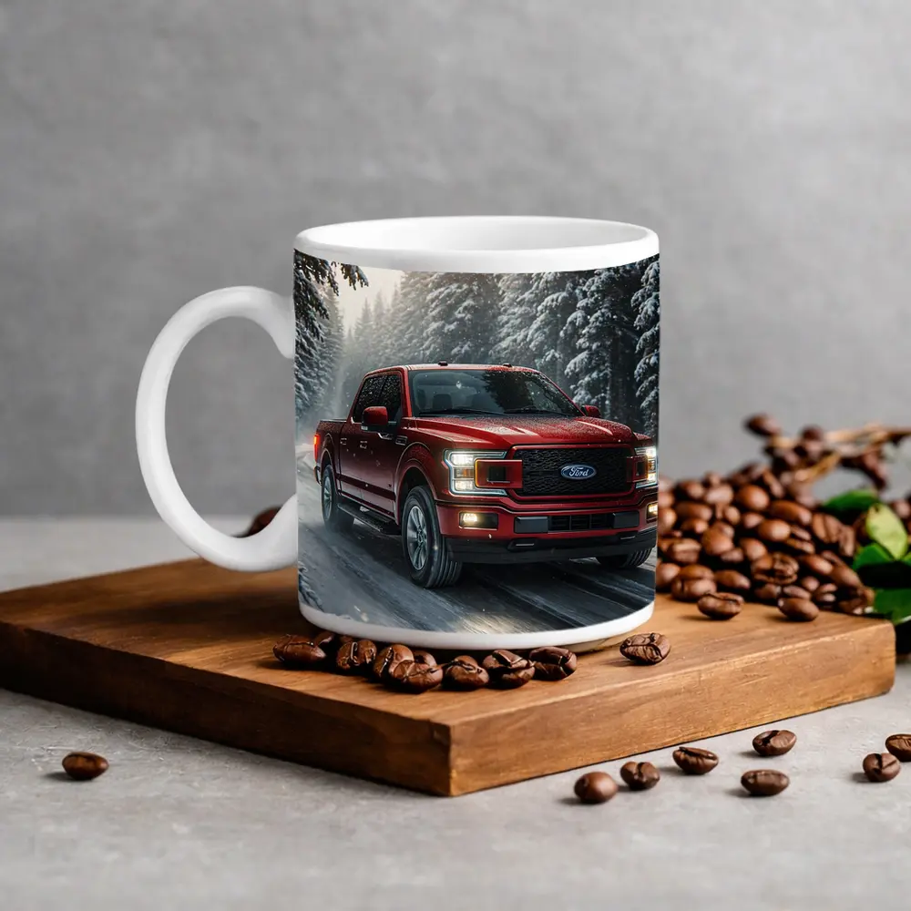 Ford F Series Truck Driving Snowy Forest – Mugs