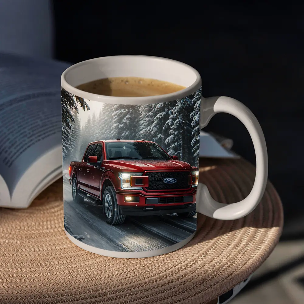 Ford F Series Truck Driving Snowy Forest – Mugs