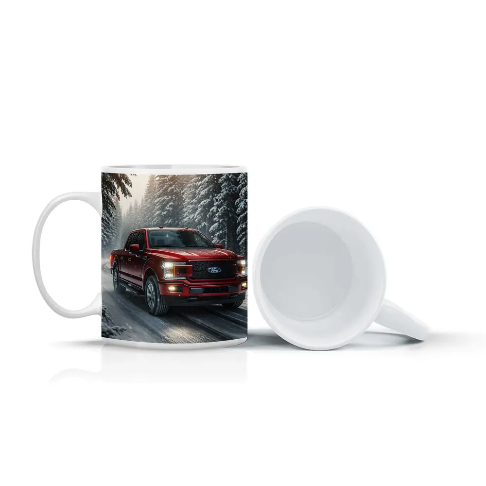 Ford F Series Truck Driving Snowy Forest – Mugs