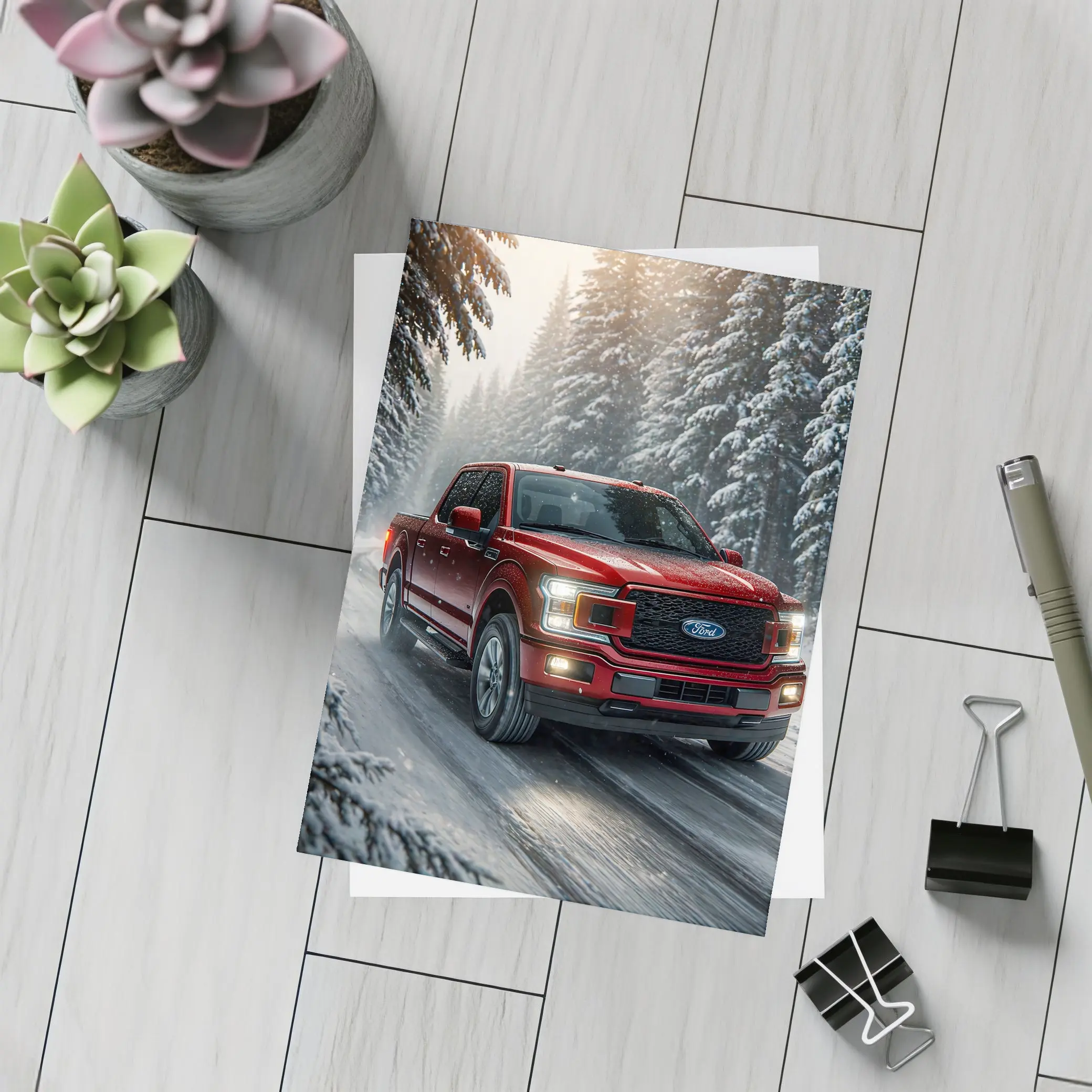 Ford F Series Truck Driving Snowy Forest – Postcards