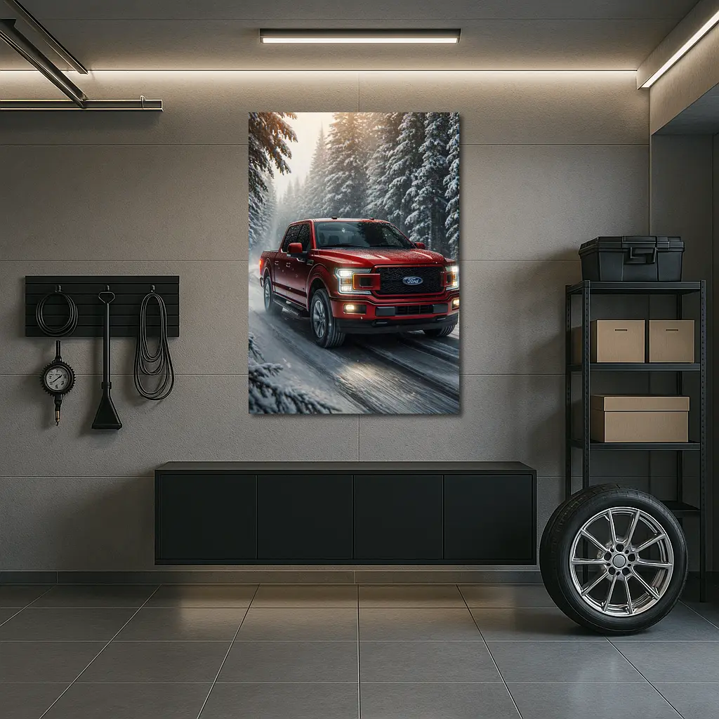 Ford F Series Truck Driving Snowy Forest – Wall Art