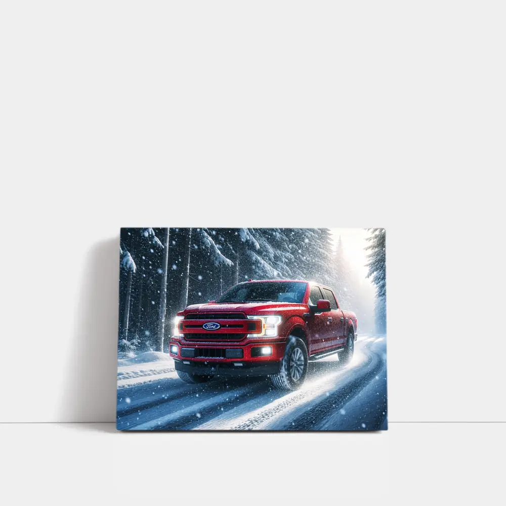 Ford F Series Red Truck Snowy Forest – Wall Art