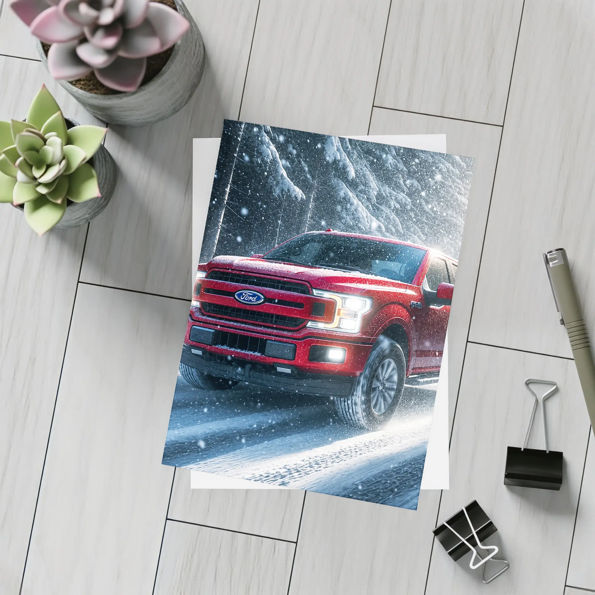 Ford F Series Red Truck Snowy Forest – Postcards