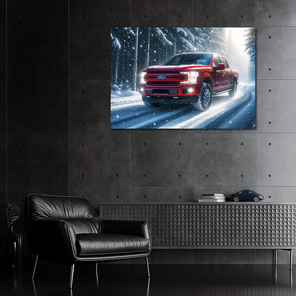 Ford F Series Red Truck Snowy Forest – Wall Art