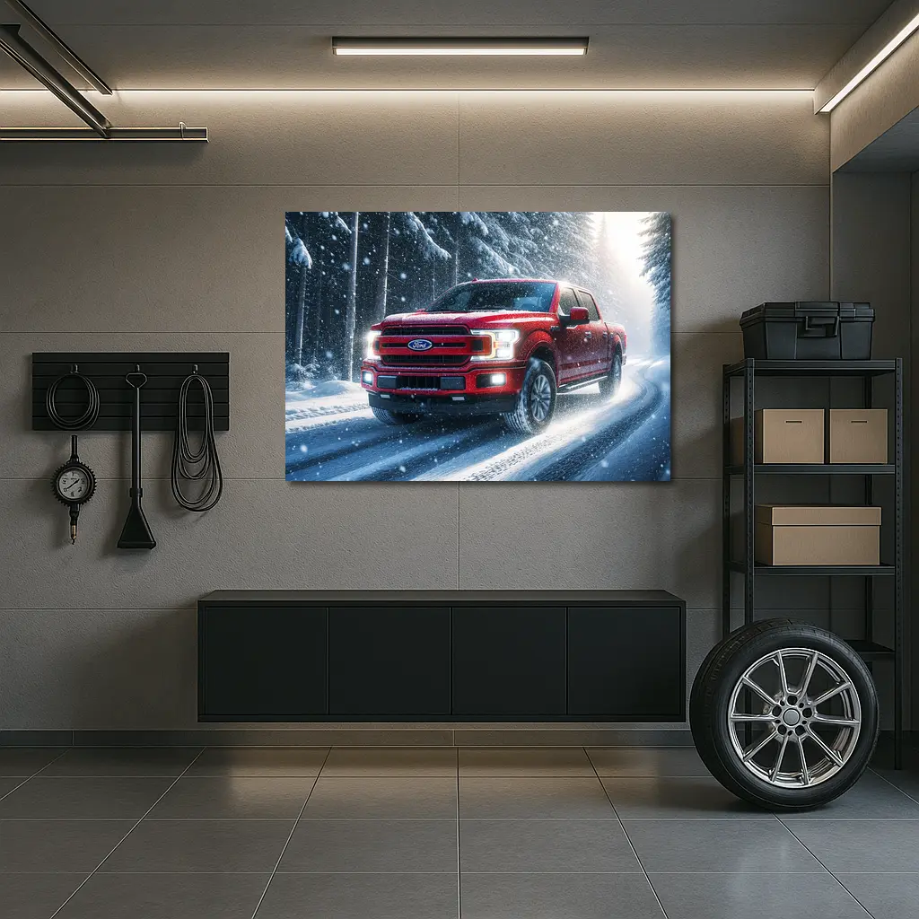 Ford F Series Red Truck Snowy Forest – Wall Art