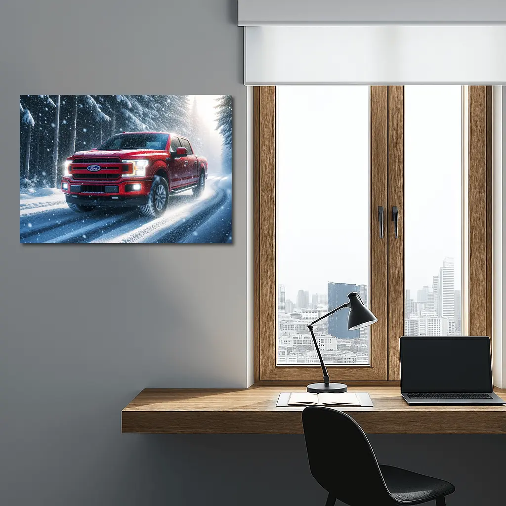 Ford F Series Red Truck Snowy Forest – Wall Art