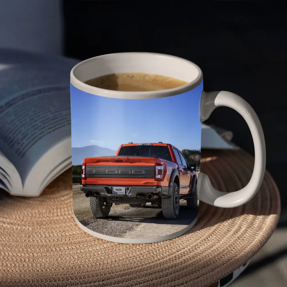 Ford Raptor Orange Truck Gravel Mountain Background – Mugs