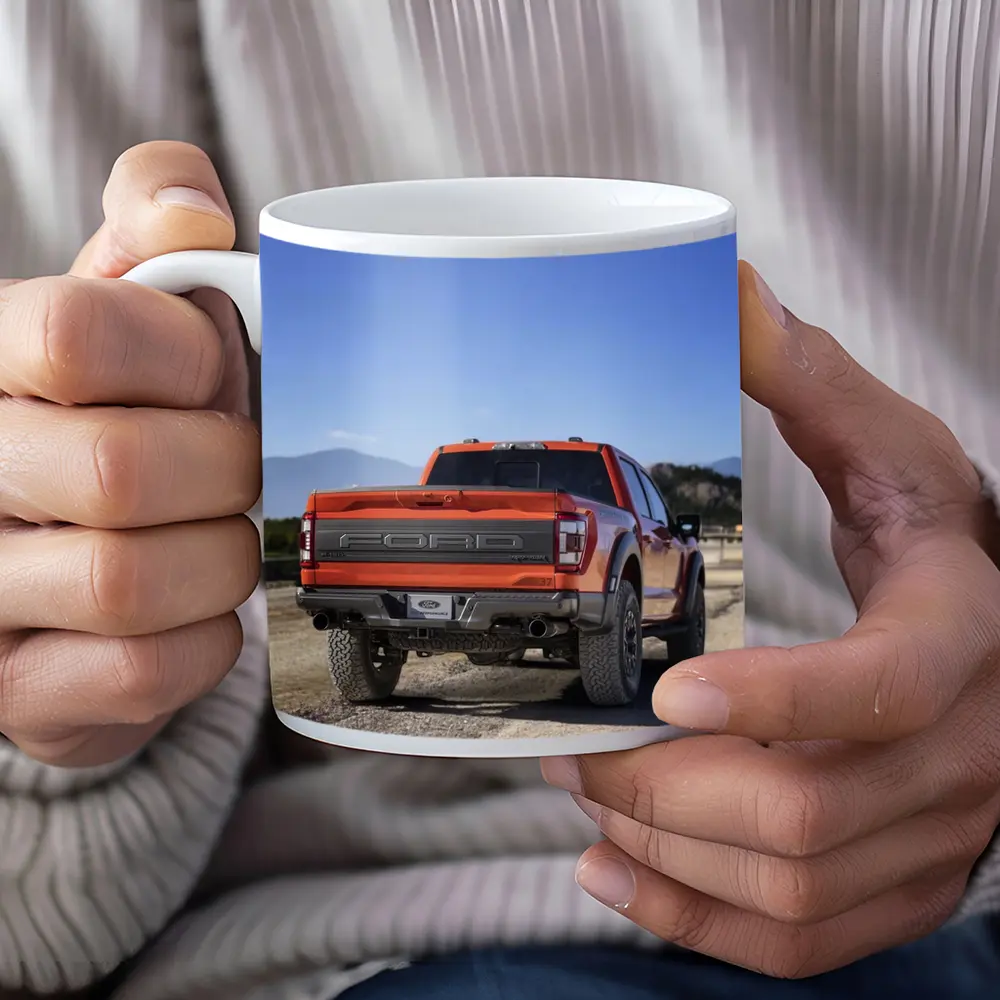 Ford Raptor Orange Truck Gravel Mountain Background – Mugs