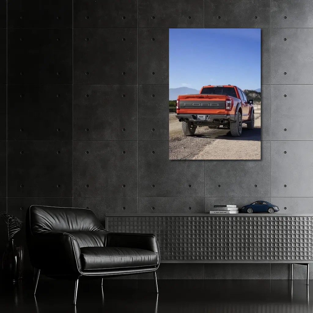 Ford Raptor Orange Truck Gravel Mountain Background – Wall Art