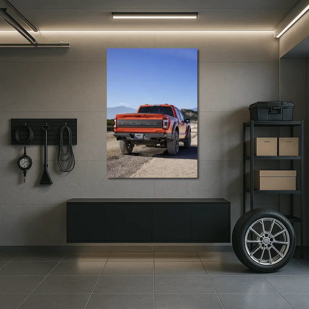 Ford Raptor Orange Truck Gravel Mountain Background – Wall Art