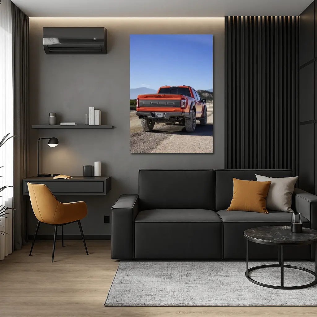 Ford Raptor Orange Truck Gravel Mountain Background – Wall Art