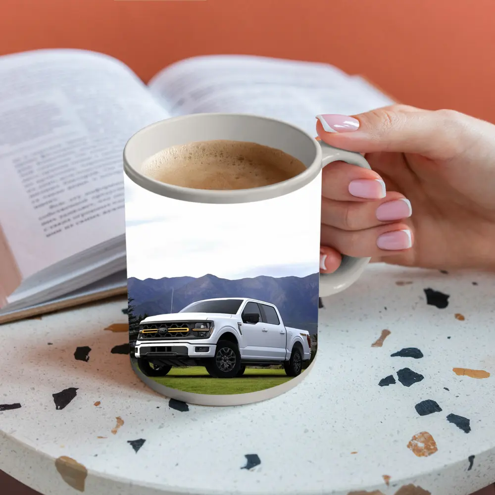 Ford F-Series White Truck Mountain Background – Mugs