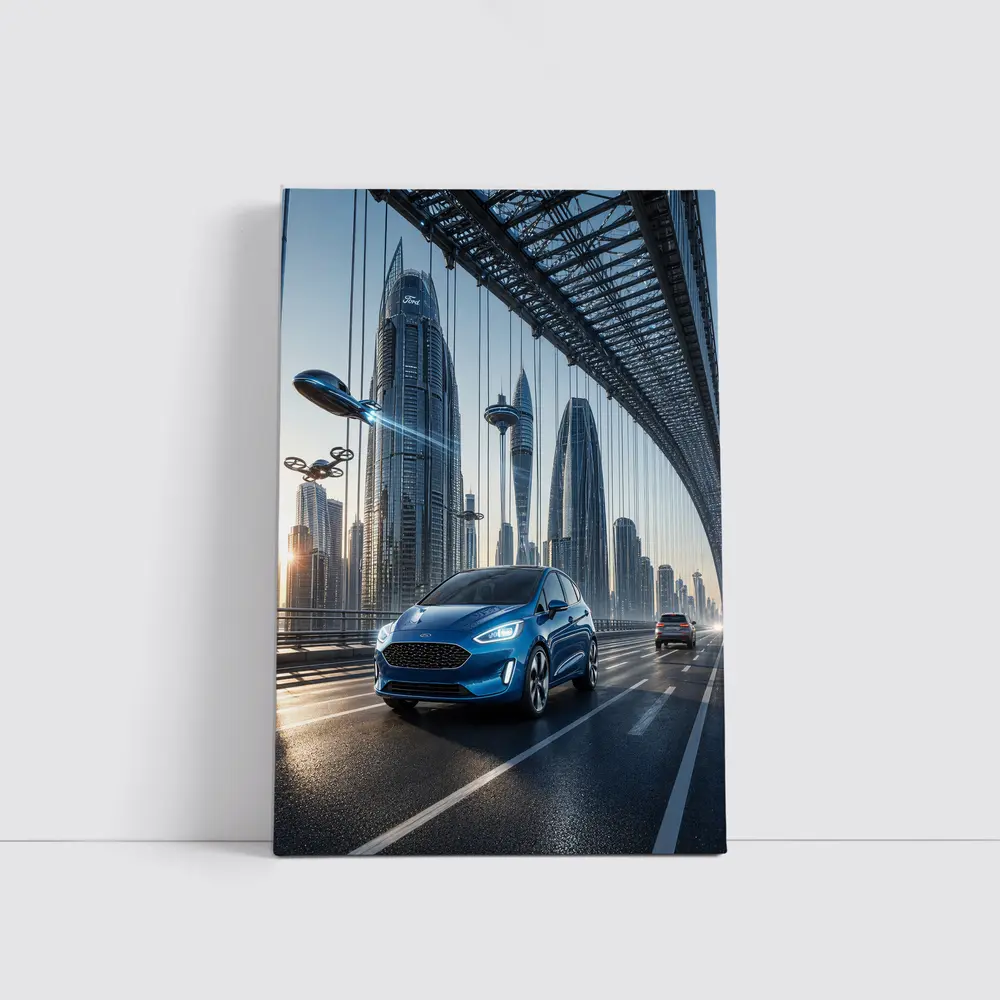 Ford Fiesta Blue On Futuristic Bridge – Wall Art