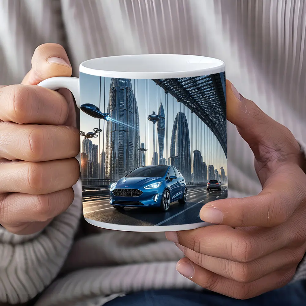 Ford Fiesta Blue On Futuristic Bridge – Mugs