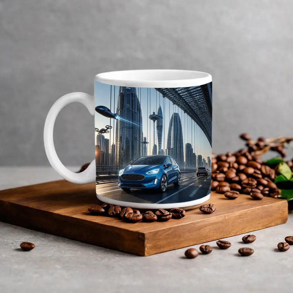 Ford Fiesta Blue On Futuristic Bridge – Mugs
