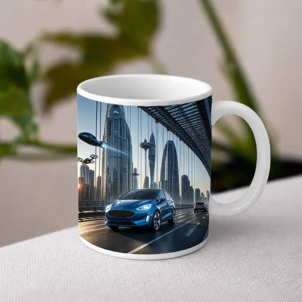 Ford Fiesta Blue On Futuristic Bridge – Mugs