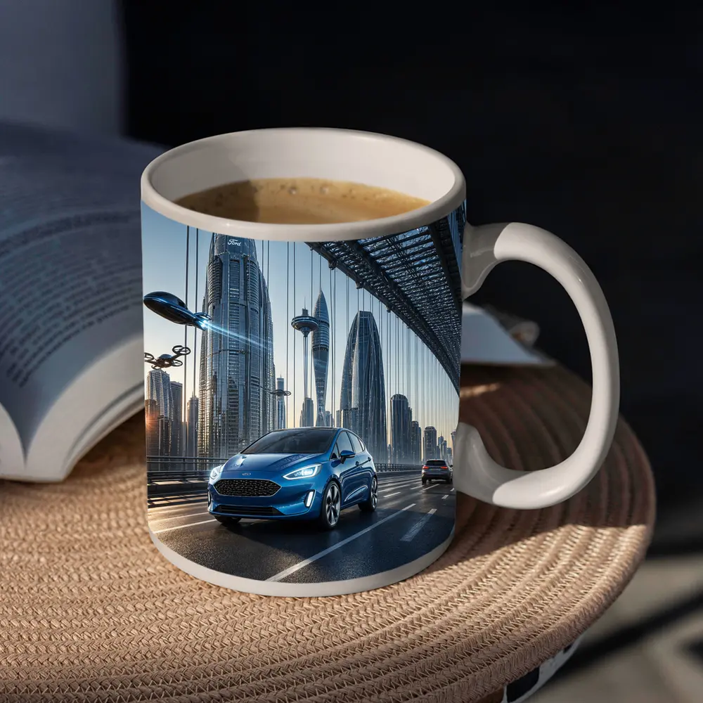 Ford Fiesta Blue On Futuristic Bridge – Mugs