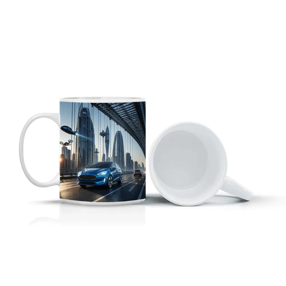 Ford Fiesta Blue On Futuristic Bridge – Mugs