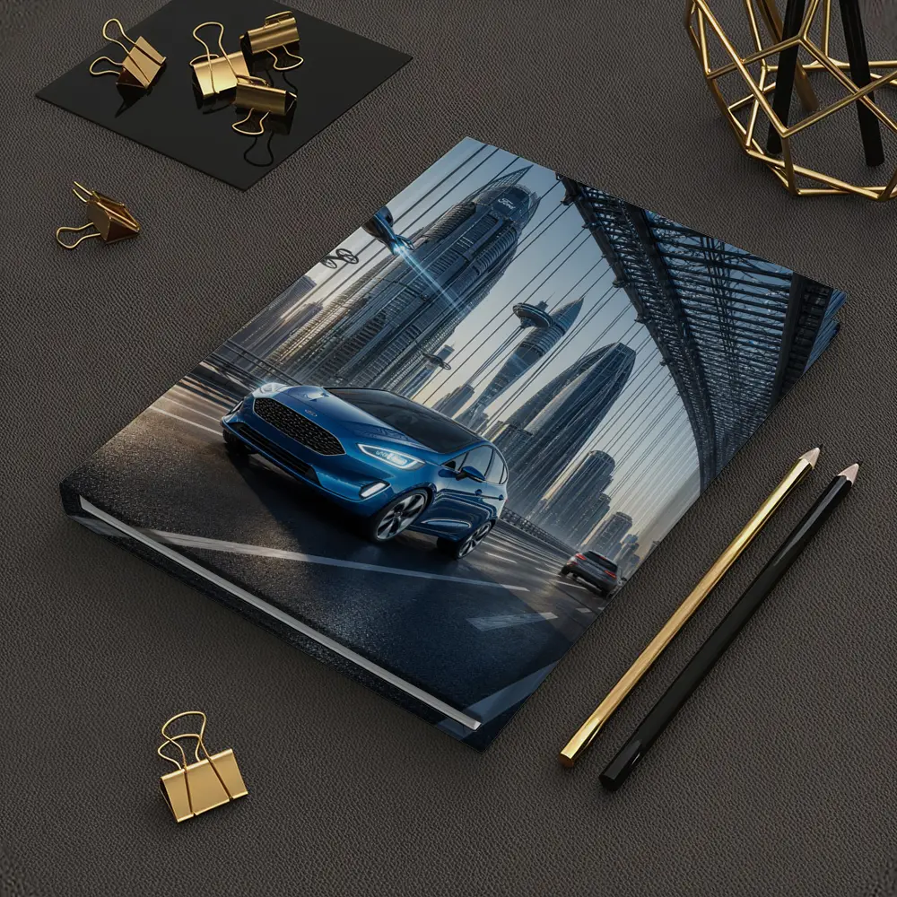Ford Fiesta Blue On Futuristic Bridge – Notebooks