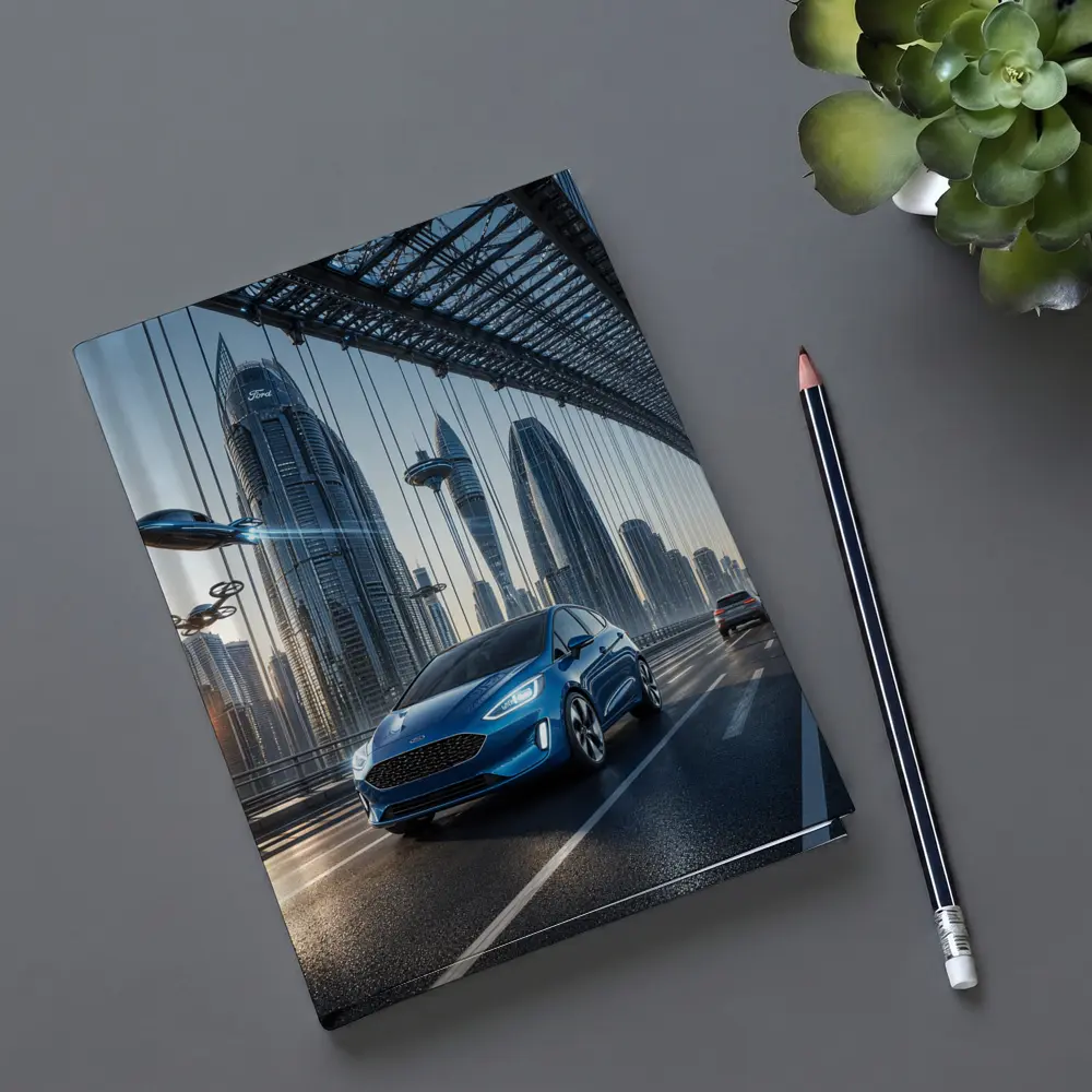 Ford Fiesta Blue On Futuristic Bridge – Notebooks