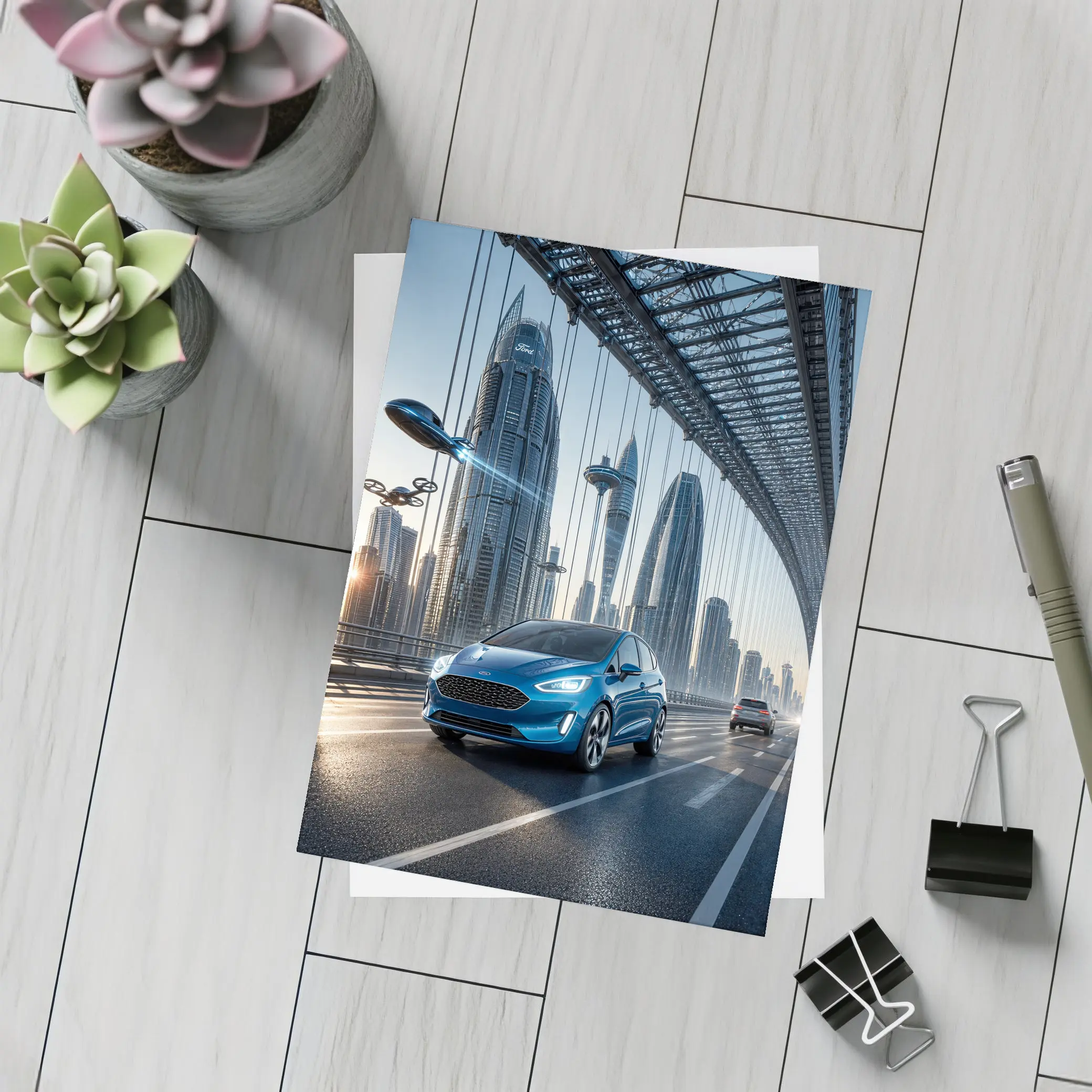 Ford Fiesta Blue On Futuristic Bridge – Postcards