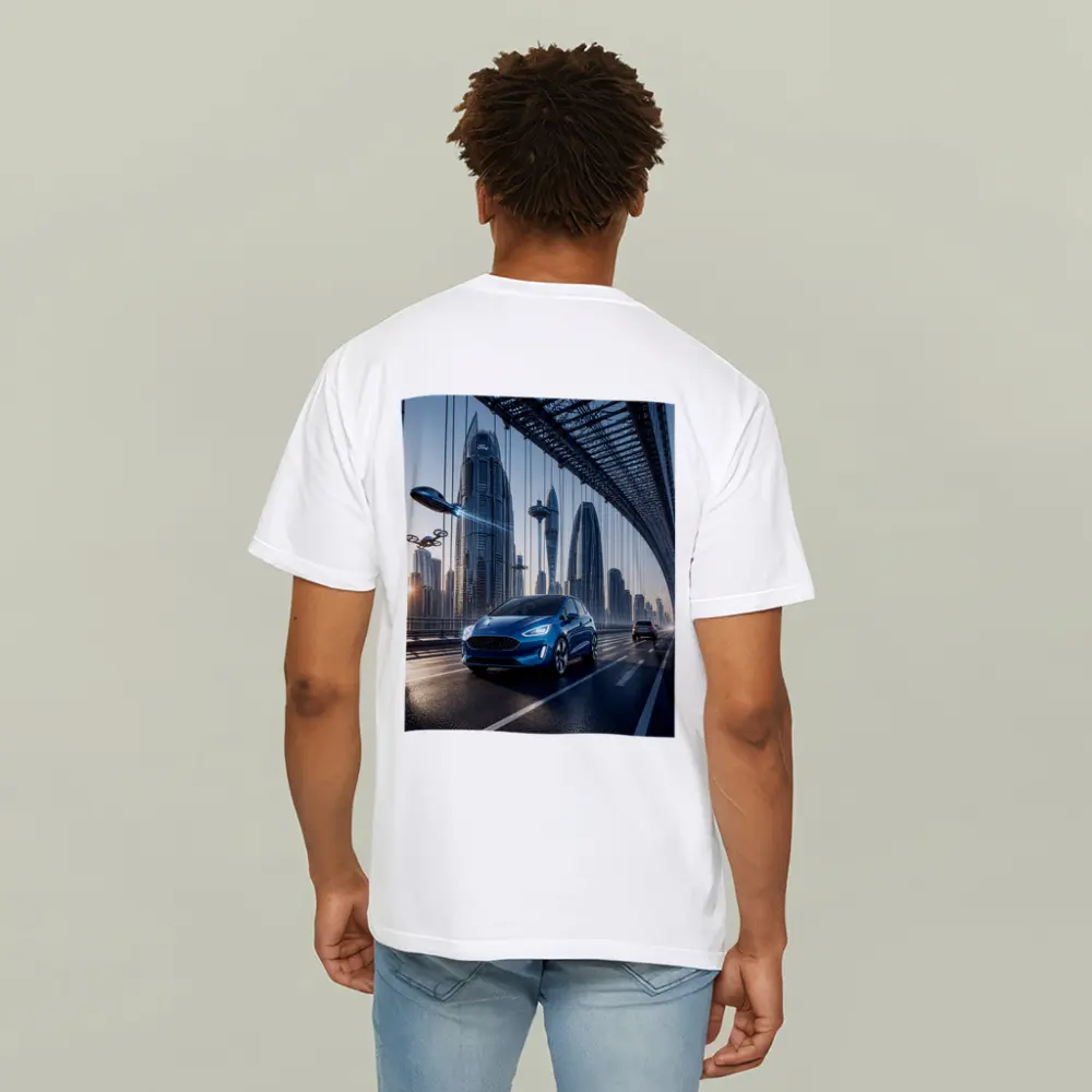 Ford Fiesta Blue On Futuristic Bridge – T-Shirts