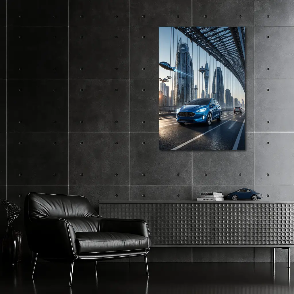 Ford Fiesta Blue On Futuristic Bridge – Wall Art