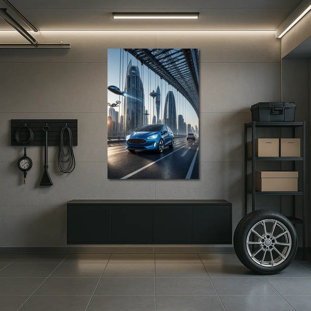 Ford Fiesta Blue On Futuristic Bridge – Wall Art