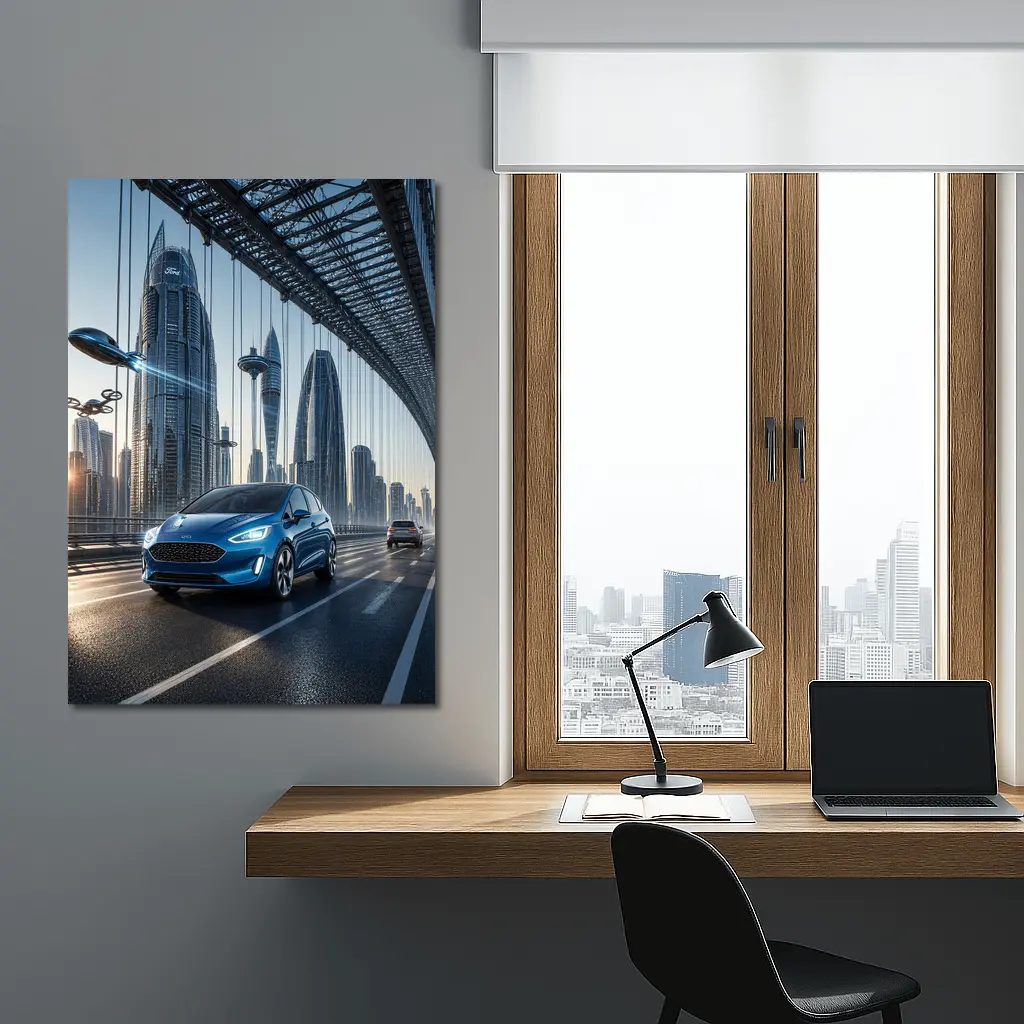 Ford Fiesta Blue On Futuristic Bridge – Wall Art