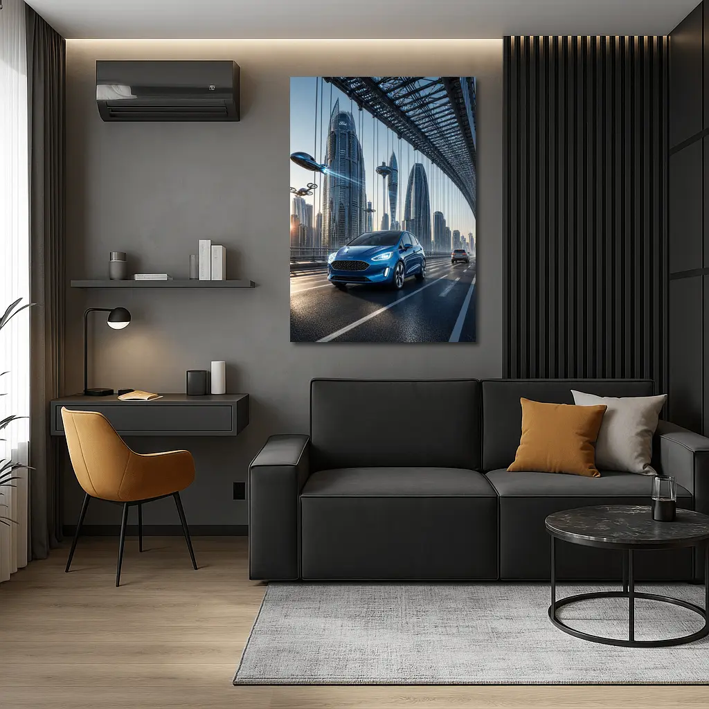 Ford Fiesta Blue On Futuristic Bridge – Wall Art