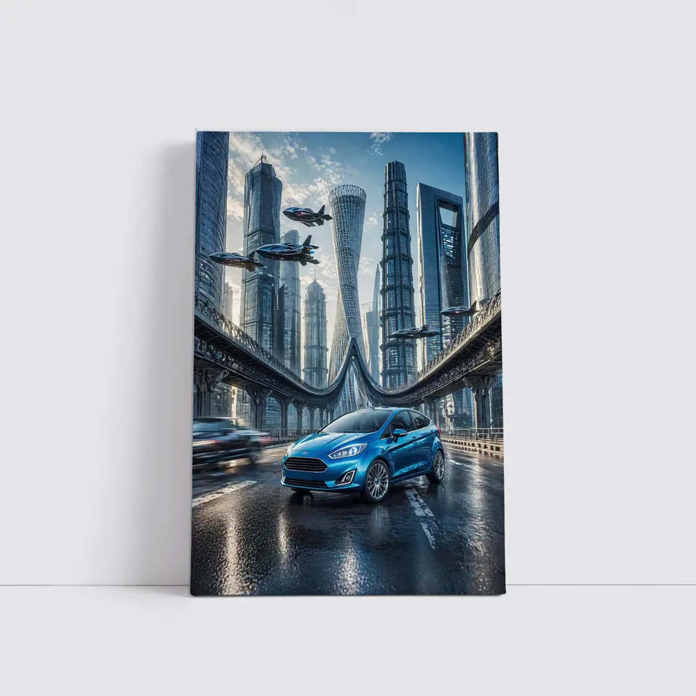 Ford Fiesta Blue Futuristic City Bridge – Wall Art