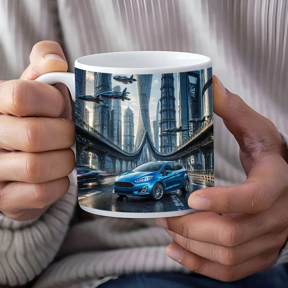 Ford Fiesta Blue Futuristic City Bridge – Mugs
