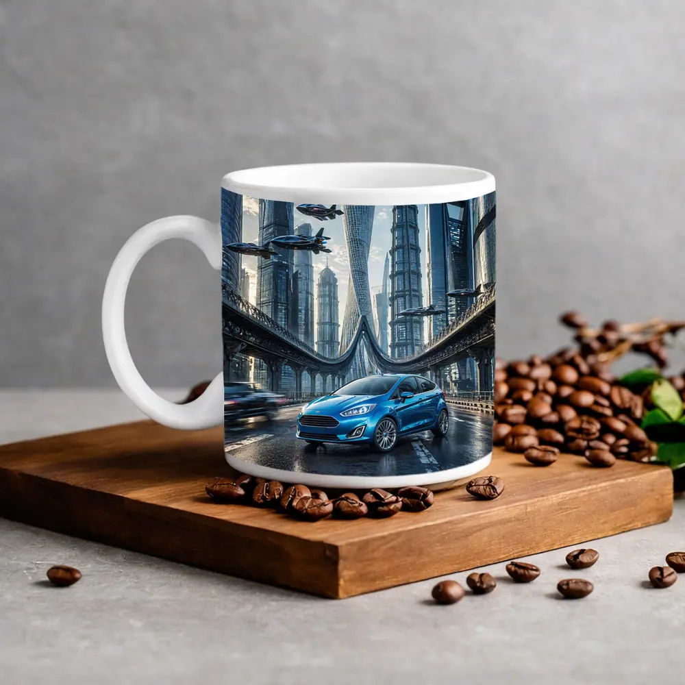 Ford Fiesta Blue Futuristic City Bridge – Mugs