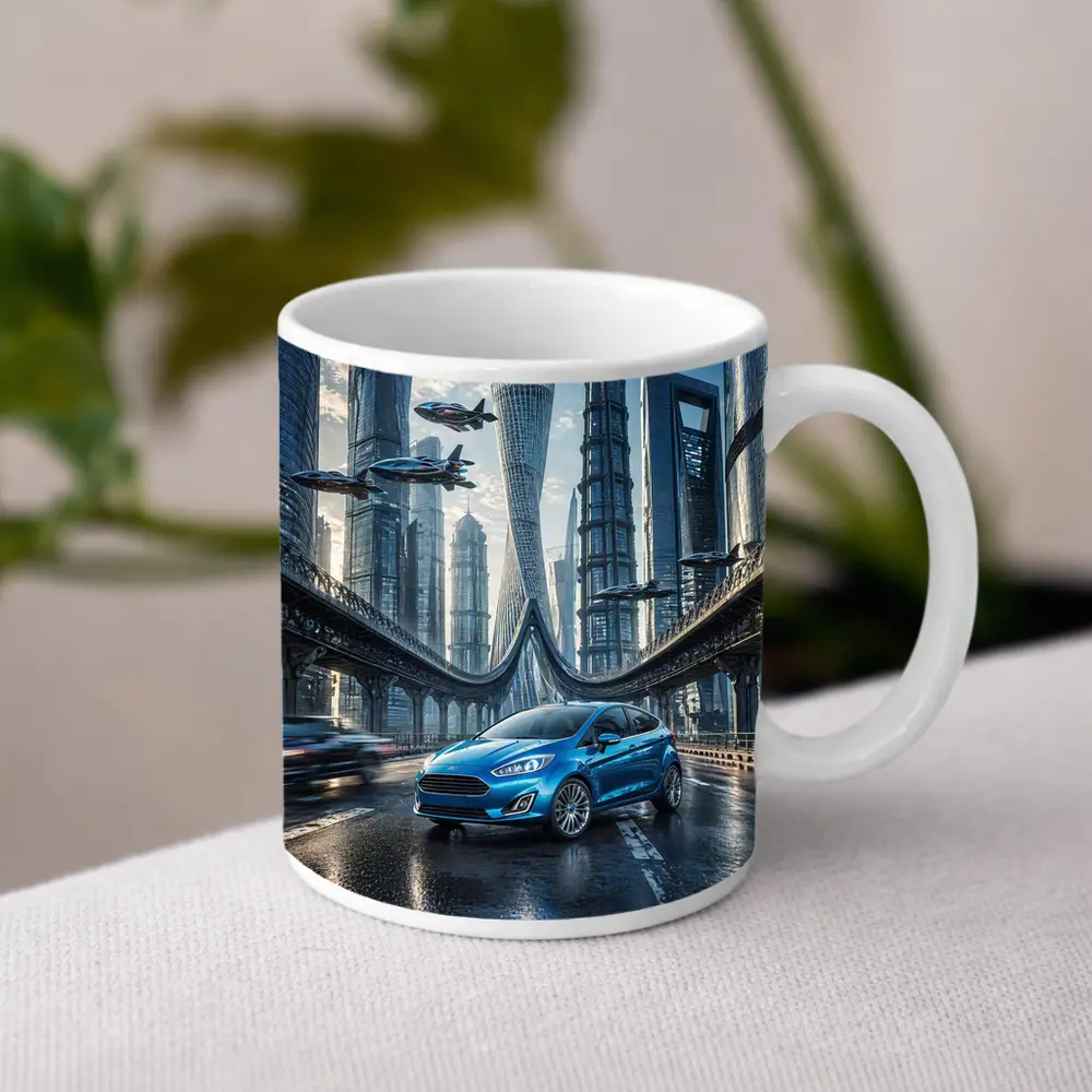 Ford Fiesta Blue Futuristic City Bridge – Mugs