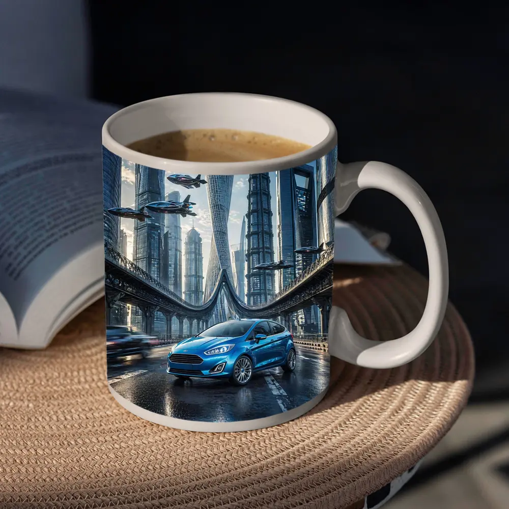 Ford Fiesta Blue Futuristic City Bridge – Mugs