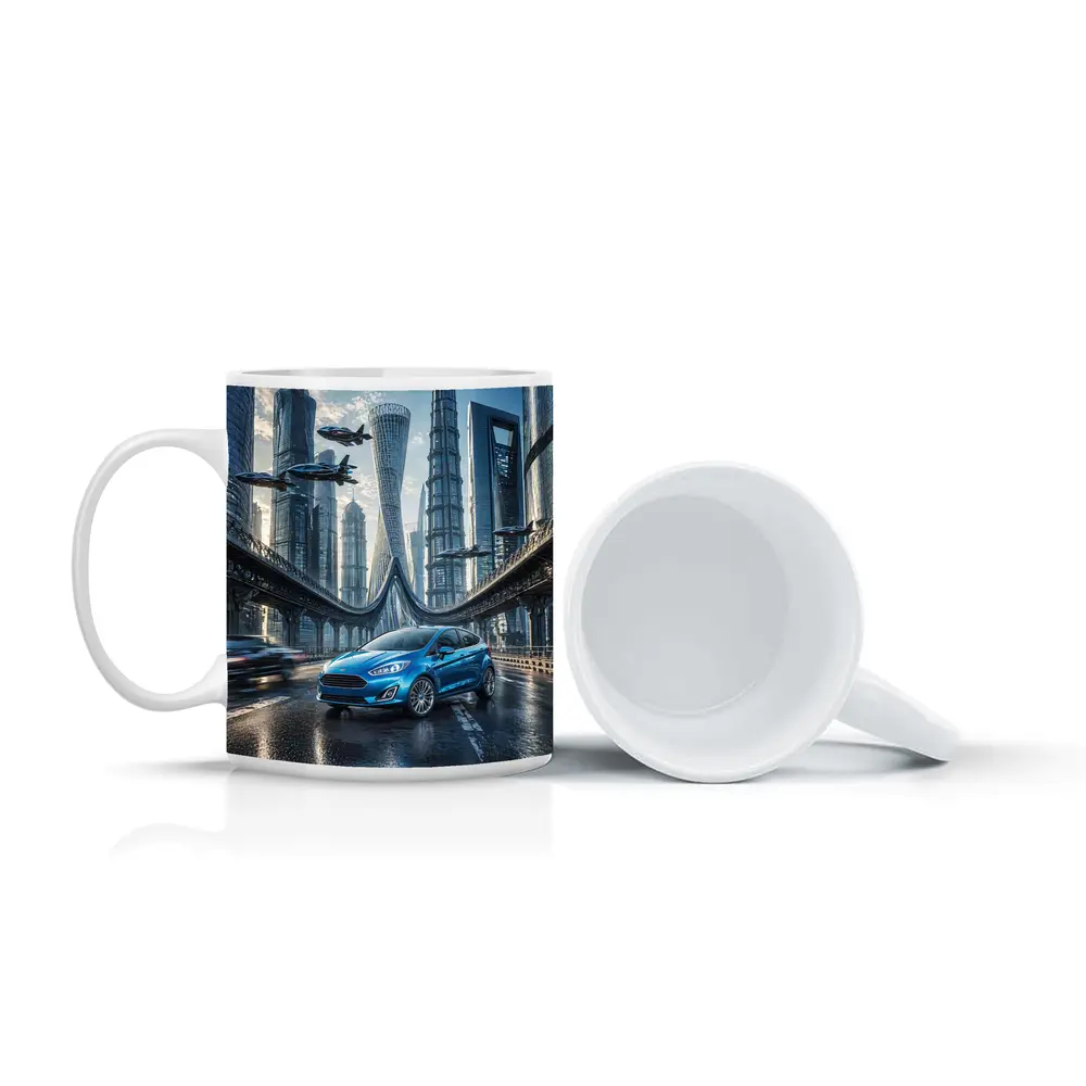 Ford Fiesta Blue Futuristic City Bridge – Mugs