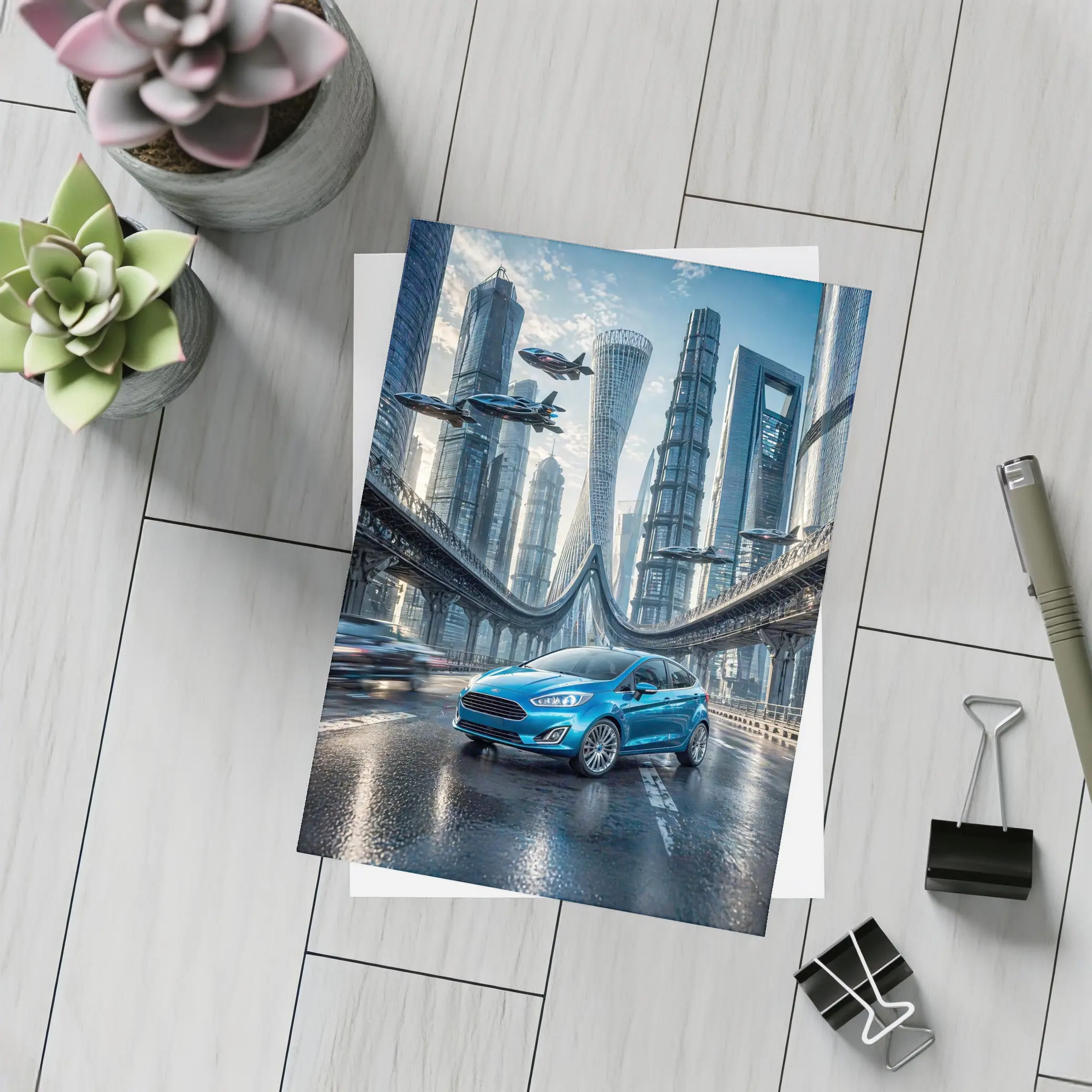 Ford Fiesta Blue Futuristic City Bridge – Postcards