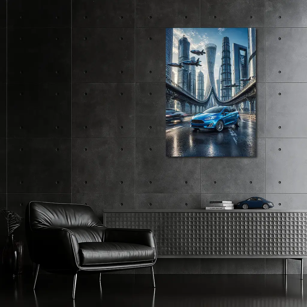 Ford Fiesta Blue Futuristic City Bridge – Wall Art