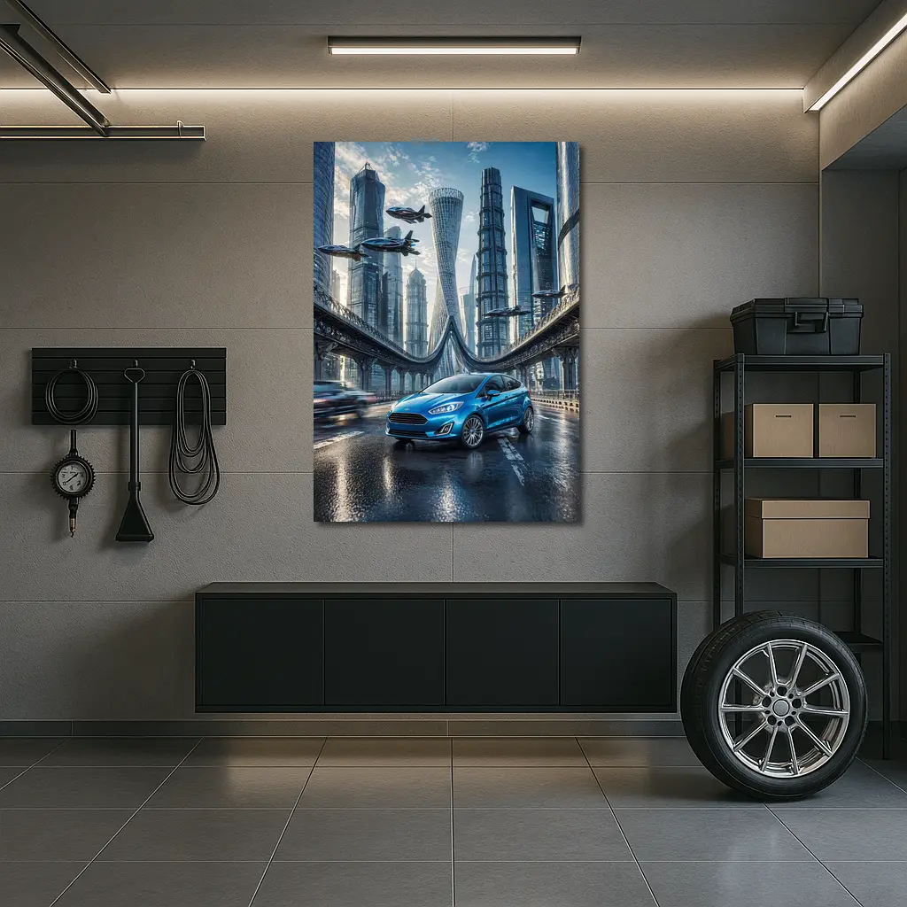 Ford Fiesta Blue Futuristic City Bridge – Wall Art