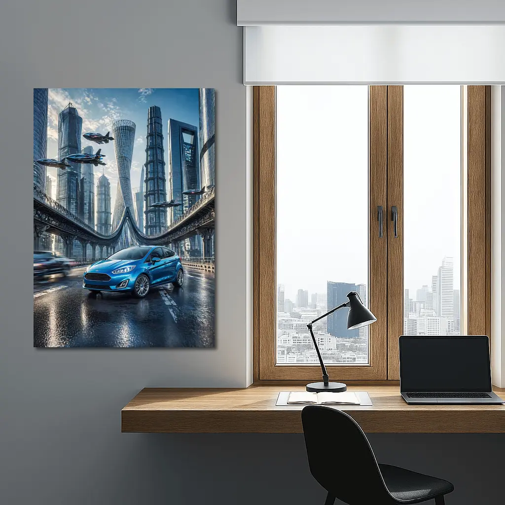 Ford Fiesta Blue Futuristic City Bridge – Wall Art