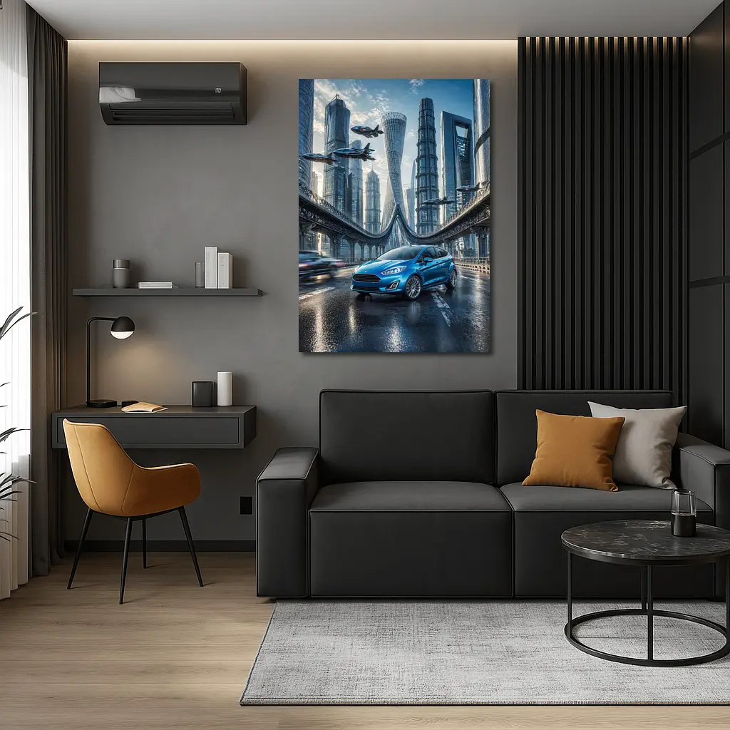Ford Fiesta Blue Futuristic City Bridge – Wall Art