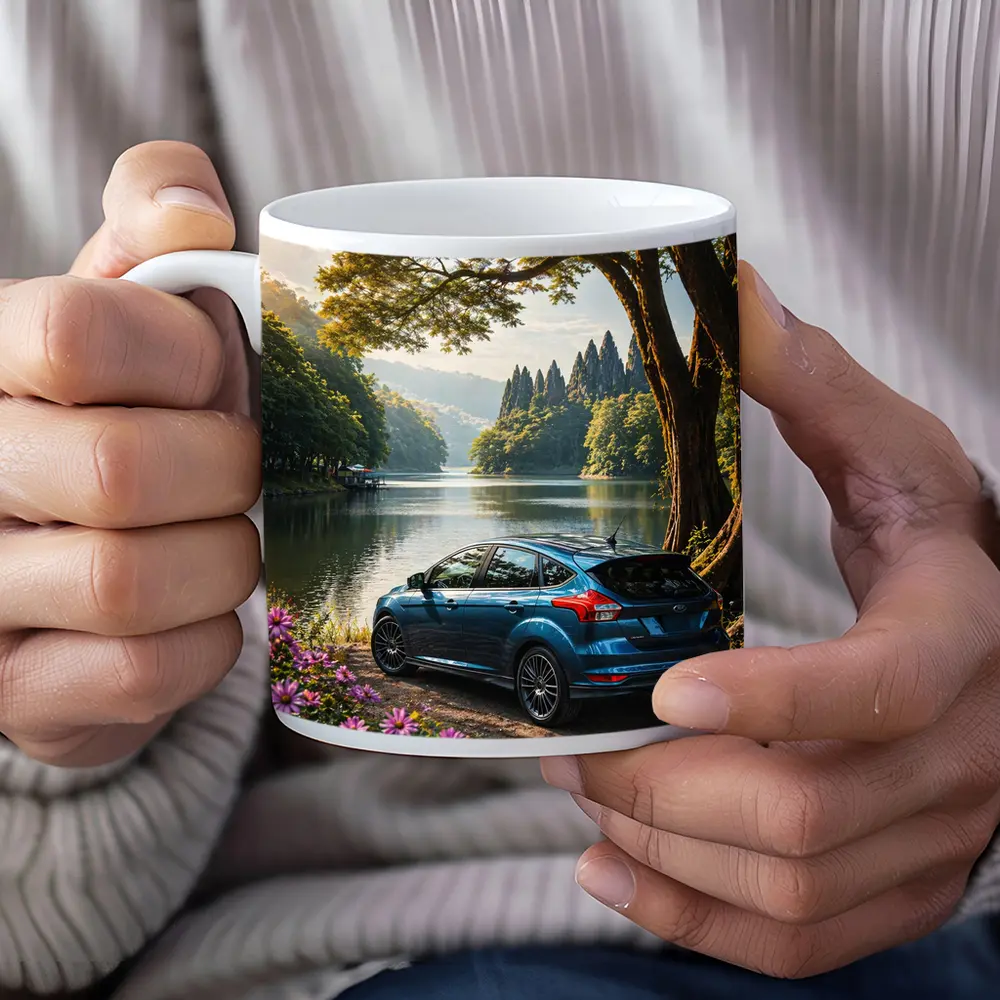 Ford Focus Blue Hatchback By Lake – Mugs