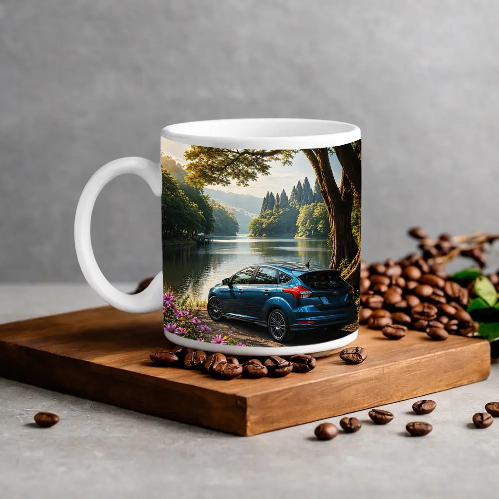 Ford Focus Blue Hatchback By Lake – Mugs