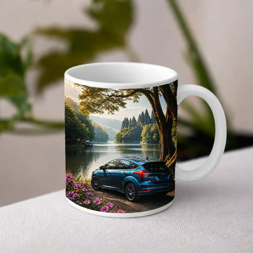 Ford Focus Blue Hatchback By Lake – Mugs