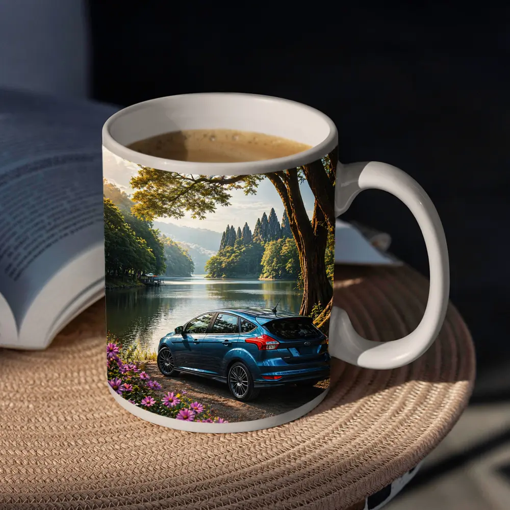 Ford Focus Blue Hatchback By Lake – Mugs